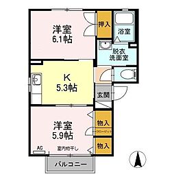 パストラル春岡A 2Kの間取図画像