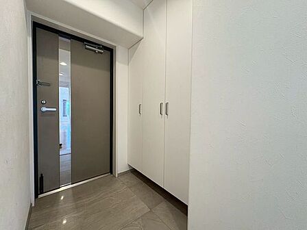 落ち着いた色合いの玄関ドアが、空間にモダンなアクセントをプラス。