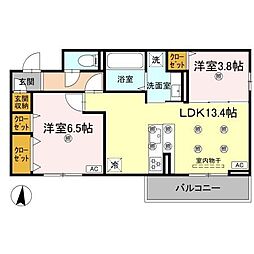 クランツ北井門B 2LDKの間取図画像