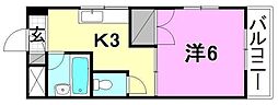 ルナ・ソレイユ桑原 1Kの間取図画像