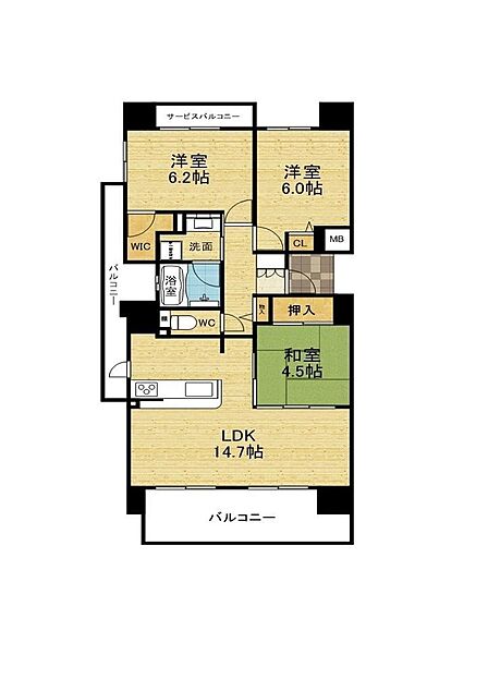 3LDK 6階 3方角部屋