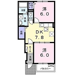 プロムナードソレイユB 2DKの間取図画像