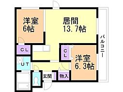 ラフェスタ発寒中央B 2LDKの間取図画像