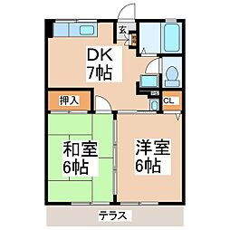 サニーハイツ1号棟 2DKの間取図画像