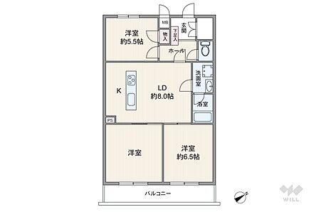 間取りは専有面積66.7平米の3LDK。センターリビングのプラン。個室3部屋のうち2部屋はLDKを通ってアクセスする、家族が顔を合わせやすい造りです。キッチンは回遊性のあるアイランド型。