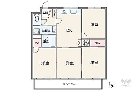 間取りは専有面積64.12平米の4DK。バルコニー面積は7.35平米です。