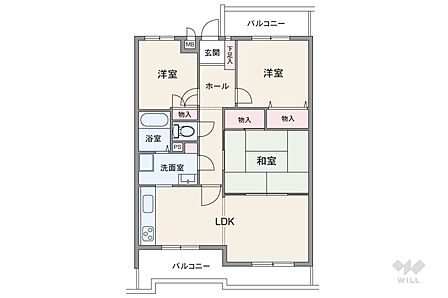 間取りは専有面積63.23平米の3LDK。複数方向に採光部があり、バルコニー面積は1.2平米(概算)です。