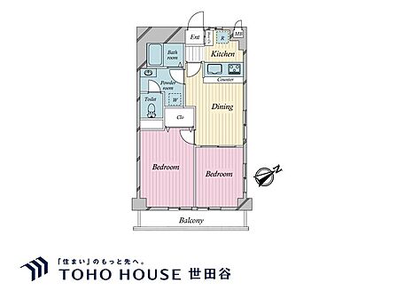 2DK、専有面積36.48m2、バルコニー面積3.47m2