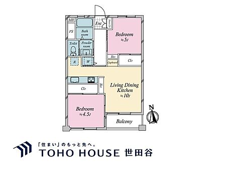 2LDK、専有面積45.36m2、バルコニー面積2.9m2