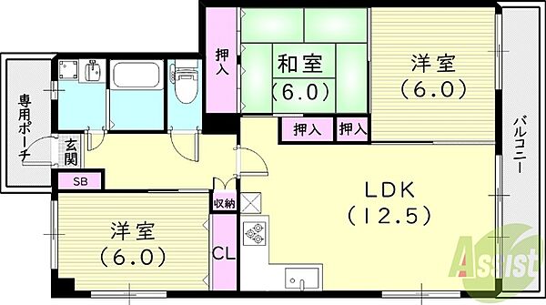 兵庫県西宮市西平町(賃貸マンション3LDK・3階・76.50㎡)の写真 その2