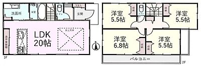 間取り：建物面積:98.53平米、全居室収納付き4LDK