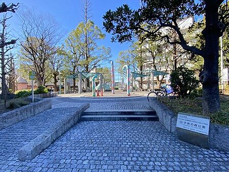 子供の森公園地元で「きょうりゅう公園」の名で親しまれている。豊かな緑と、恐竜のモニュメントがコラボしたユニークな公園です。 130m