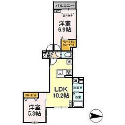 アンソレイエII 2階2LDKの間取り