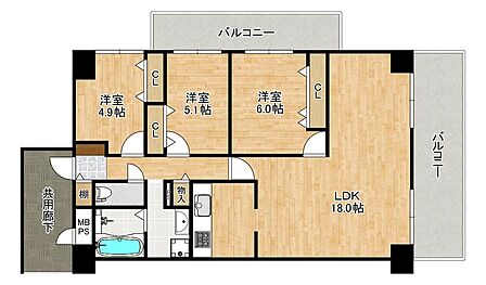 全室洋室で全居室収納があるゆとりの84.6m2です。2面バルコニーで採光があり、明るく気持ちよく過ごせます。