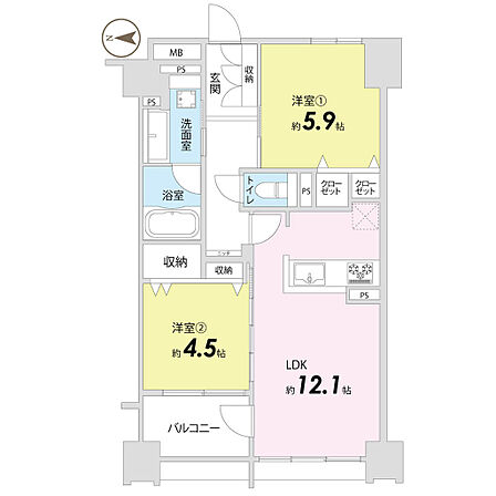 2LDK、主要採光面西、専有面積55.66m2、2000年3月築