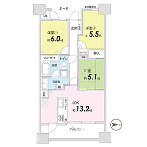 間取り:3LDK 、主要採光面東、専有面積67.64m2、2004年12月築 間取り:3LDK 、主要採光面東、専有面積67.64m2、2004年12月築