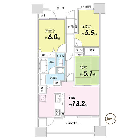 3LDK 、主要採光面東、専有面積67.64m2、2004年12月築