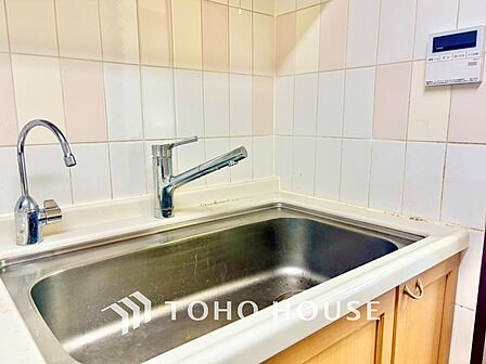 浄水器内蔵・可動式のシャワーヘッド。水はねや大きな洗い物も計算したシンク。システムキッチンは家事をずっと楽にしてくれる。