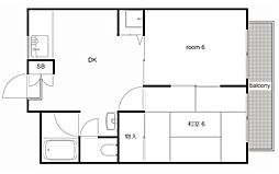 ユース宝扇 1階2DKの間取り