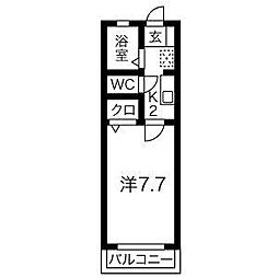 ヤングパレスB棟 2階1Kの間取り