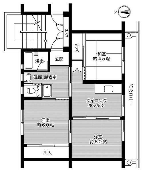 ビレッジハウス富山北4号棟 0406｜富山県富山市晴海台(賃貸マンション3DK・4階・53.96㎡)の写真 その2