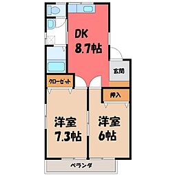 レーベンハイツ1号棟 2DKの間取図画像