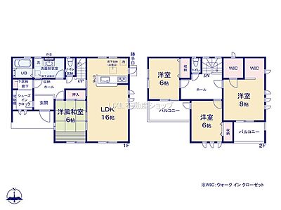 間取り：ホールを中心とする動線が考慮された空間設計です。　主寝室広々8帖は2つのウォークインクローゼット有り。収納量も豊富です。