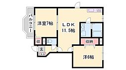 クレストール上野田B棟 2LDKの間取図画像