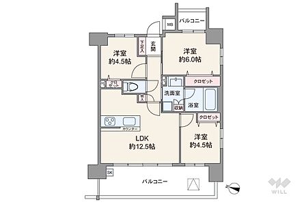 間取りは専有面積61.42平米の3LDK。LDK約12.5帖のプラン。バルコニー面積は15.23平米です。