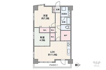 間取りは専有面積62.3平米の2LDK。LDK約11.8帖・2面採光の横長リビングのプラン。LDKと和室が続き間で、襖の開閉で空間をフレキシブルに使用出来ます。