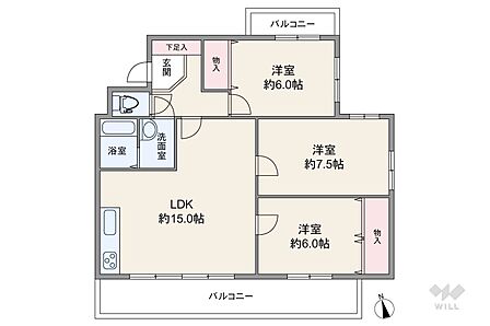 間取りは専有面積71.68平米の3LDK。LDK約15.0帖、全個室6帖以上のゆとりあるプラン。バルコニーは2面あり、バルコニー総面積は15.96平米です。