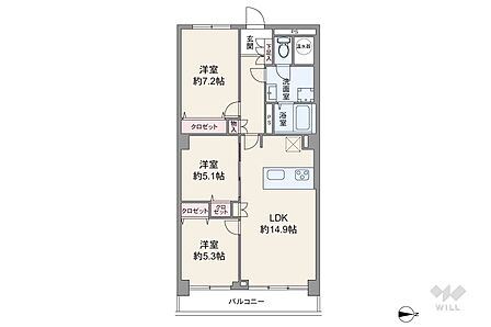 間取りは専有面積73.71平米の3LDK。LDK約14.9帖の縦長リビングのプラン。バルコニー面積は7.56平米です。