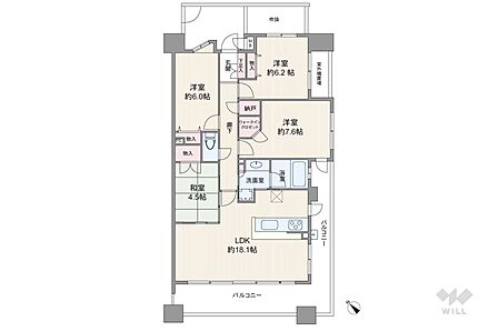 間取りは専有面積89.90平米の4LDK。バルコニー面積は21.05平米です。