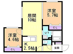 エルム公園ヒルズ 2LDKの間取図画像