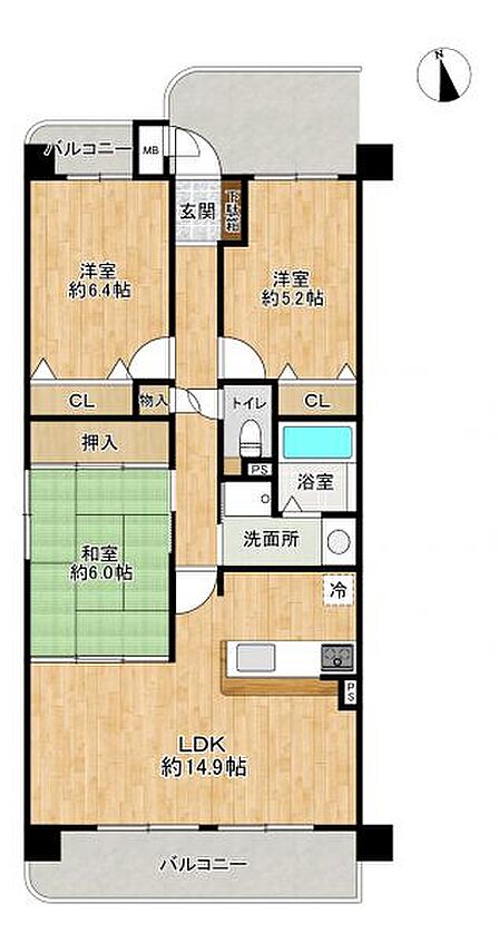 リビング横に和室があり多用途に利用できるファミリー向け3LDK!