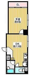 シャトー梅ケ丘 1DKの間取図画像
