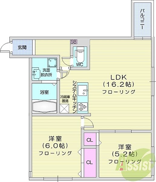 北海道札幌市東区北二十二条東16丁目(賃貸マンション2LDK・4階・56.74㎡)の写真 その2