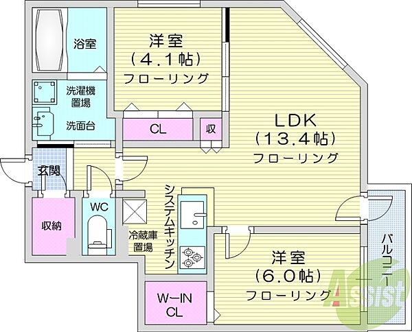 北海道札幌市北区北十二条西3丁目(賃貸マンション2LDK・4階・54.63㎡)の写真 その2