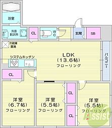 札幌市東区北三十六条東24丁目マンション 3LDKの間取図画像