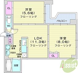 メトロサイドパレス北大前 2LDKの間取図画像