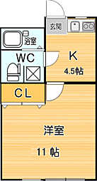 ウィングコート花田壱番館 1DKの間取図画像
