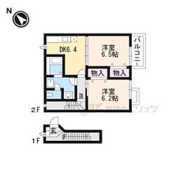 オアシスＦ　Ｂ棟 2階2DKの間取り