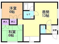 川沿中央マンション 2LDKの間取図画像