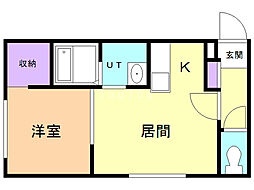 エクセル中の島 1階1LDKの間取り