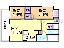 プレミール北野 2LDKの間取図画像