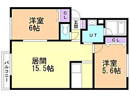 アカシヤハイツB棟 2LDKの間取図画像