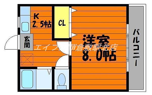 岡山県倉敷市中庄(賃貸マンション1K・2階・28.00㎡)の写真 その2