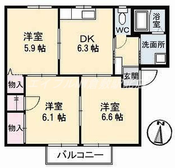 岡山県倉敷市笹沖(賃貸アパート3DK・1階・54.34㎡)の写真 その2