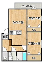 リテラス筑紫 1階2DKの間取り