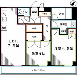 イーストビー国立 2DKの間取図画像